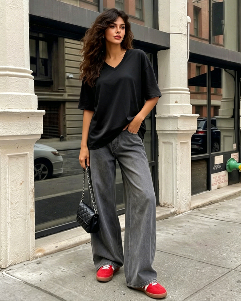 MANGOPOP Oversized V-Neck Half-Sleeve Gym Workout Loose Top Black