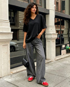 MANGOPOP Oversized V-Neck Half-Sleeve Gym Workout Loose Top Black