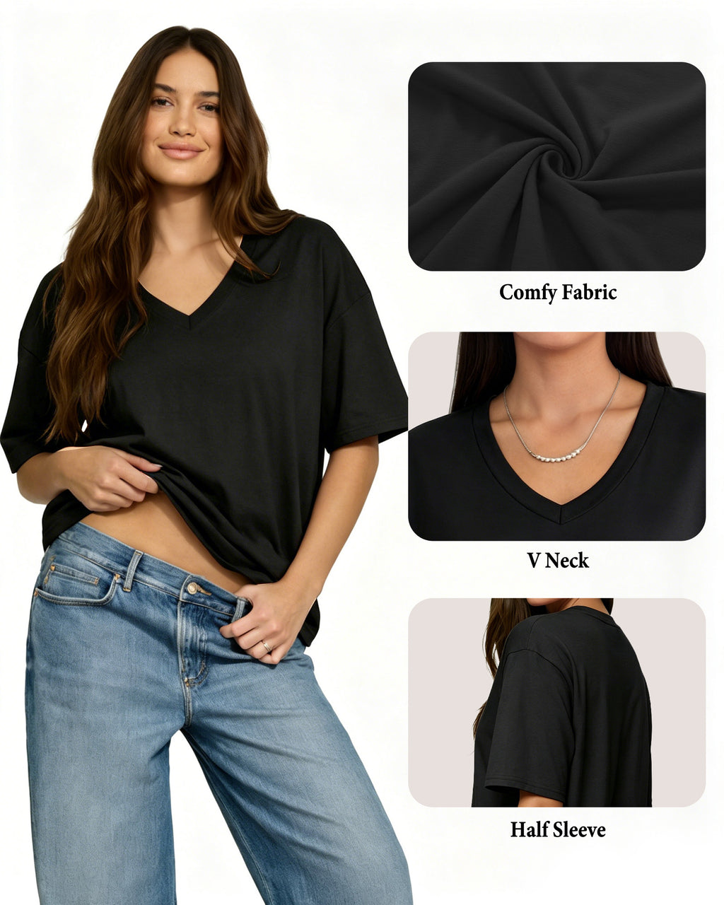 MANGOPOP Oversized V-Neck Half-Sleeve Gym Workout Loose Top Black