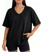 MANGOPOP Oversized V-Neck Half-Sleeve Gym Workout Loose Top Black