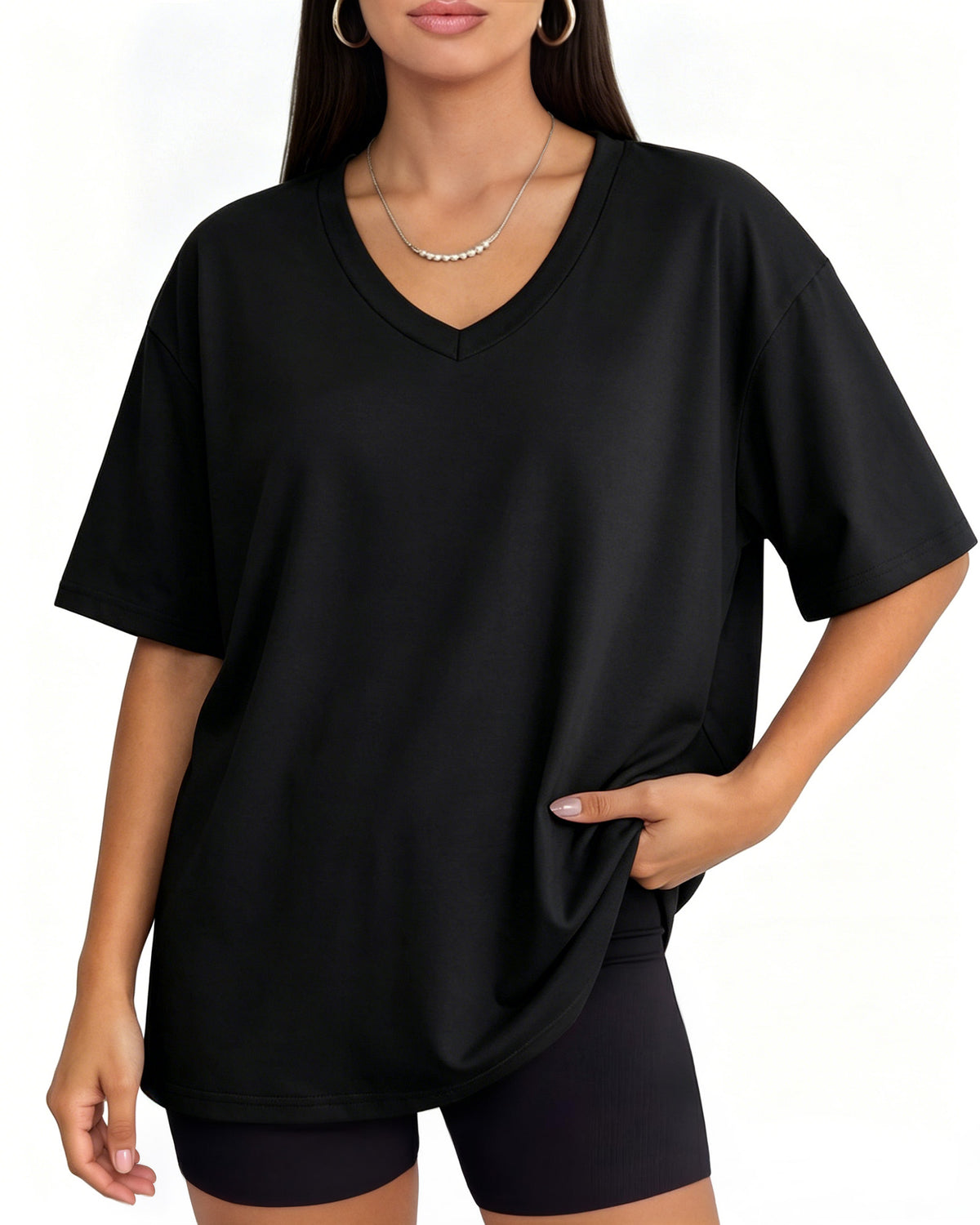 MANGOPOP Oversized V-Neck Half-Sleeve Gym Workout Loose Top Black