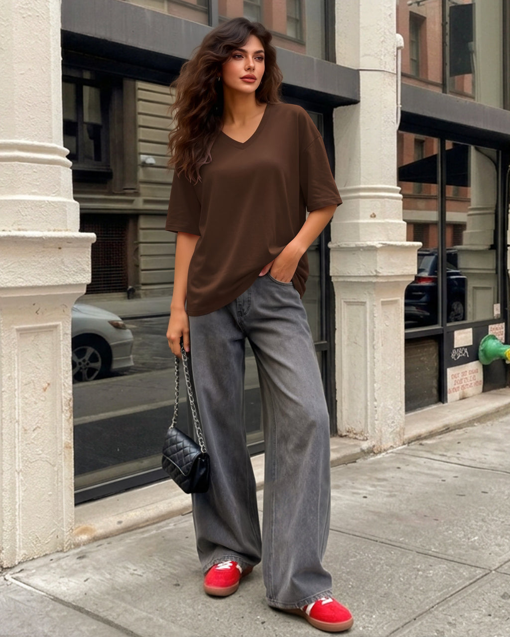 MANGOPOP Oversized V-Neck Half-Sleeve Gym Workout Loose Top Coffee