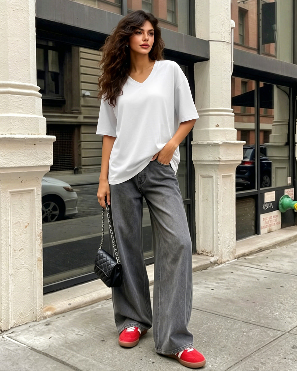 MANGOPOP Oversized V-Neck Half-Sleeve Gym Workout Loose Top Creamy White