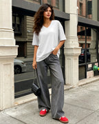 MANGOPOP Oversized V-Neck Half-Sleeve Gym Workout Loose Top Creamy White