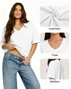 MANGOPOP Oversized V-Neck Half-Sleeve Gym Workout Loose Top Creamy White