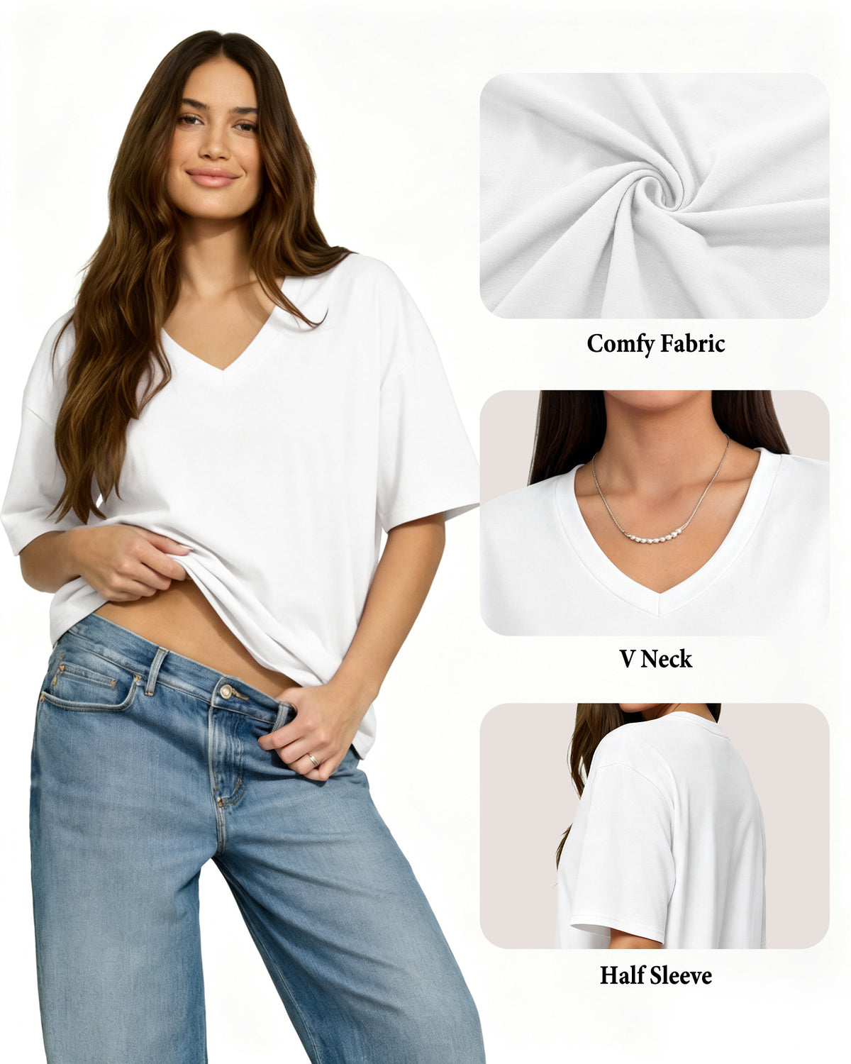 MANGOPOP Oversized V-Neck Half-Sleeve Gym Workout Loose Top Creamy White