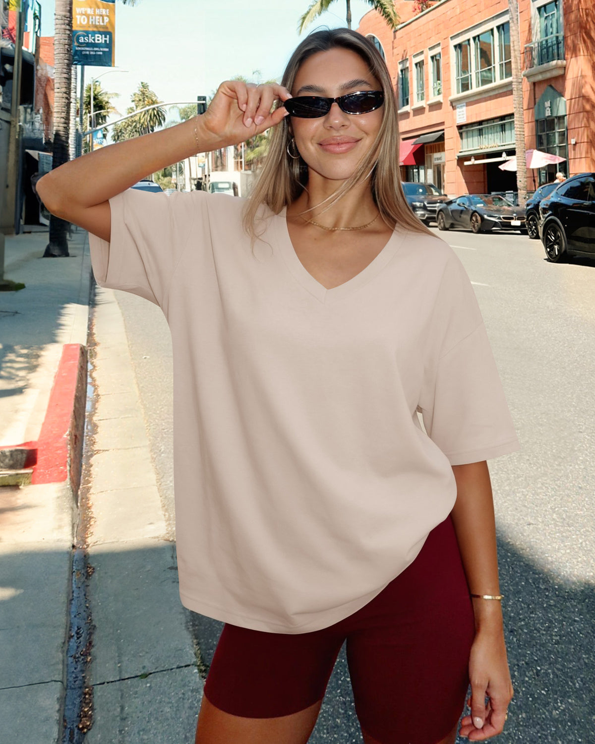 MANGOPOP Oversized V-Neck Half-Sleeve Gym Workout Loose Top Light Grey