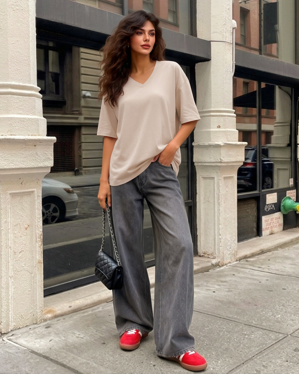 MANGOPOP Oversized V-Neck Half-Sleeve Gym Workout Loose Top Light Grey