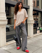 MANGOPOP Oversized V-Neck Half-Sleeve Gym Workout Loose Top Light Grey