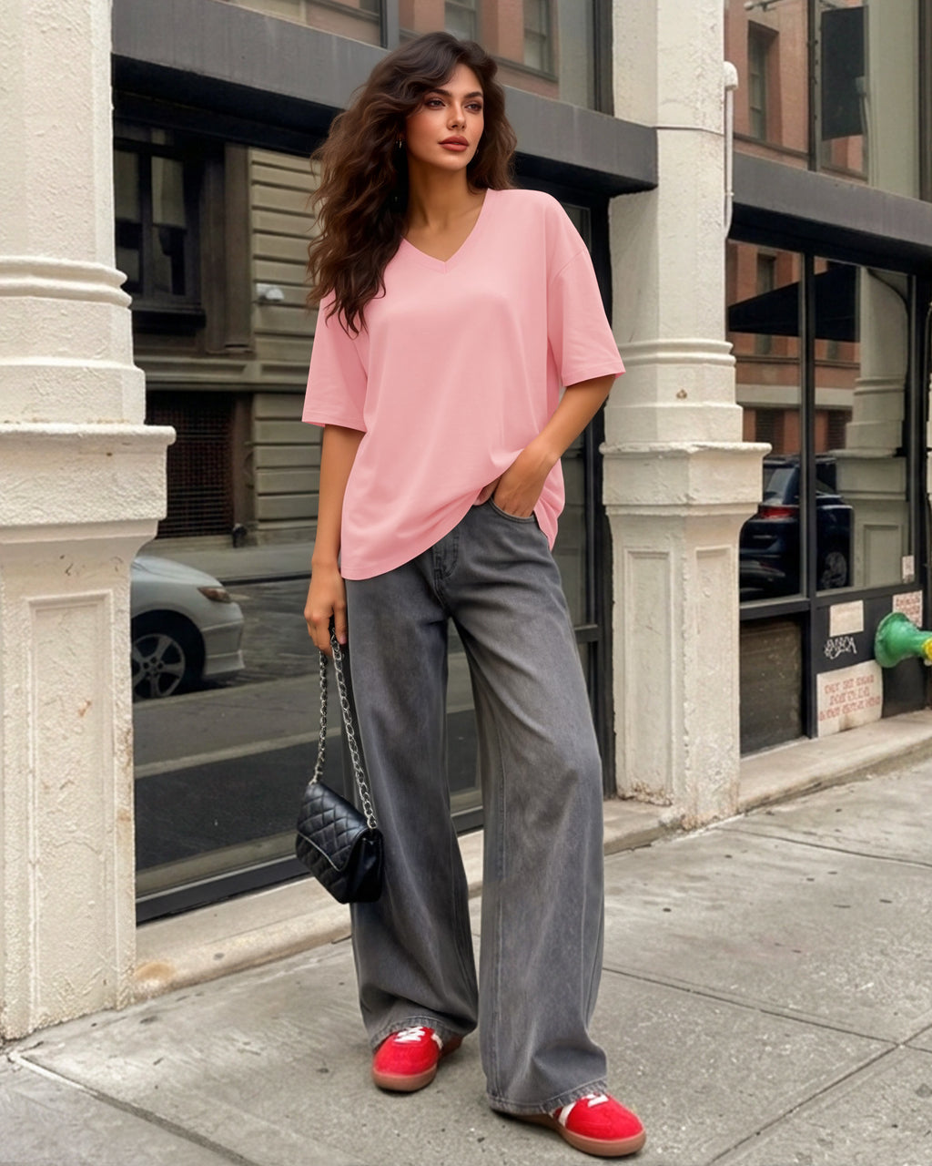 MANGOPOP Oversized V-Neck Half-Sleeve Gym Workout Loose Top Pink