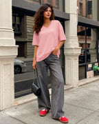 MANGOPOP Oversized V-Neck Half-Sleeve Gym Workout Loose Top Pink