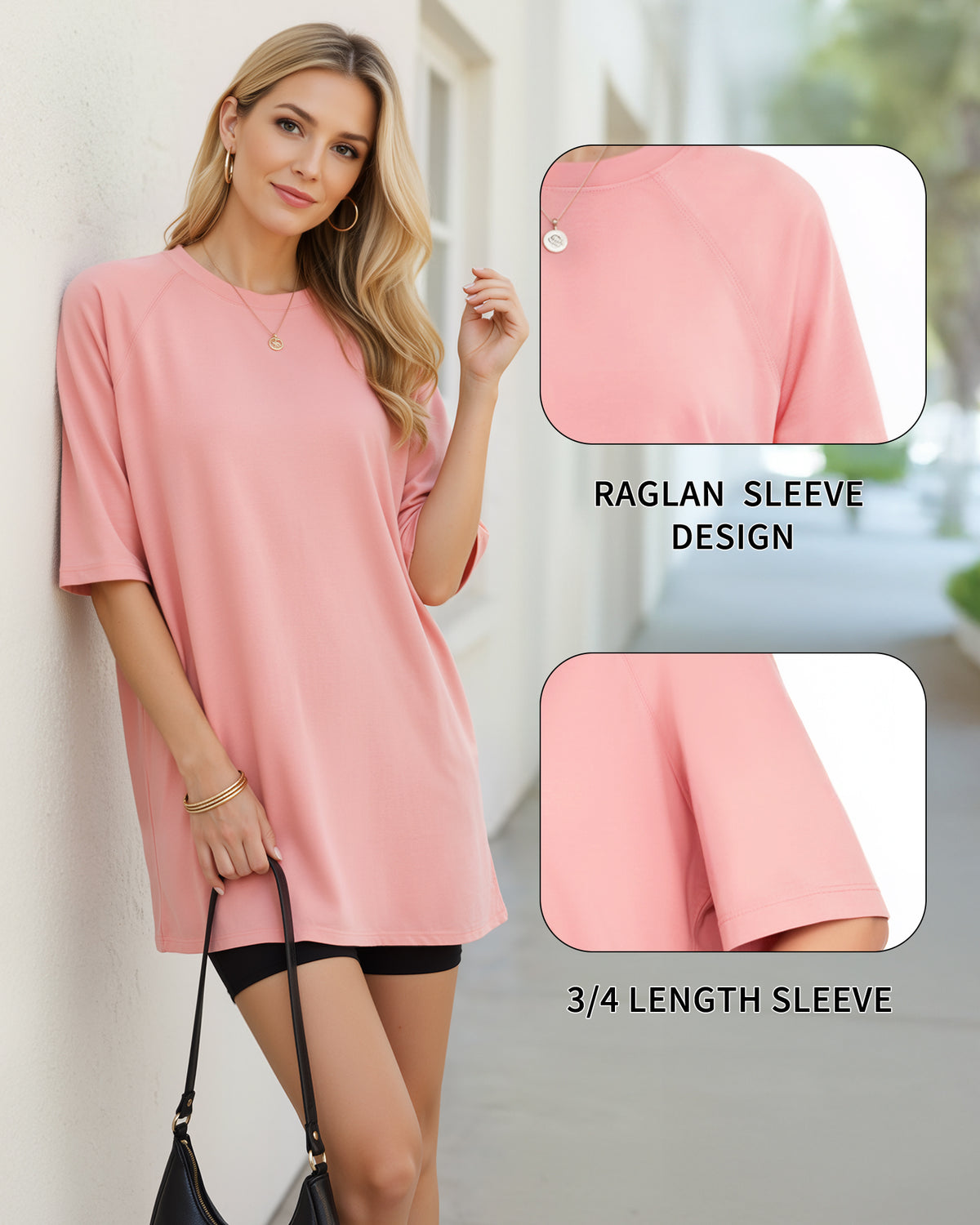 MANGOPOP Oversized Crew Neck 3/4-sleeve Top Bright Pink