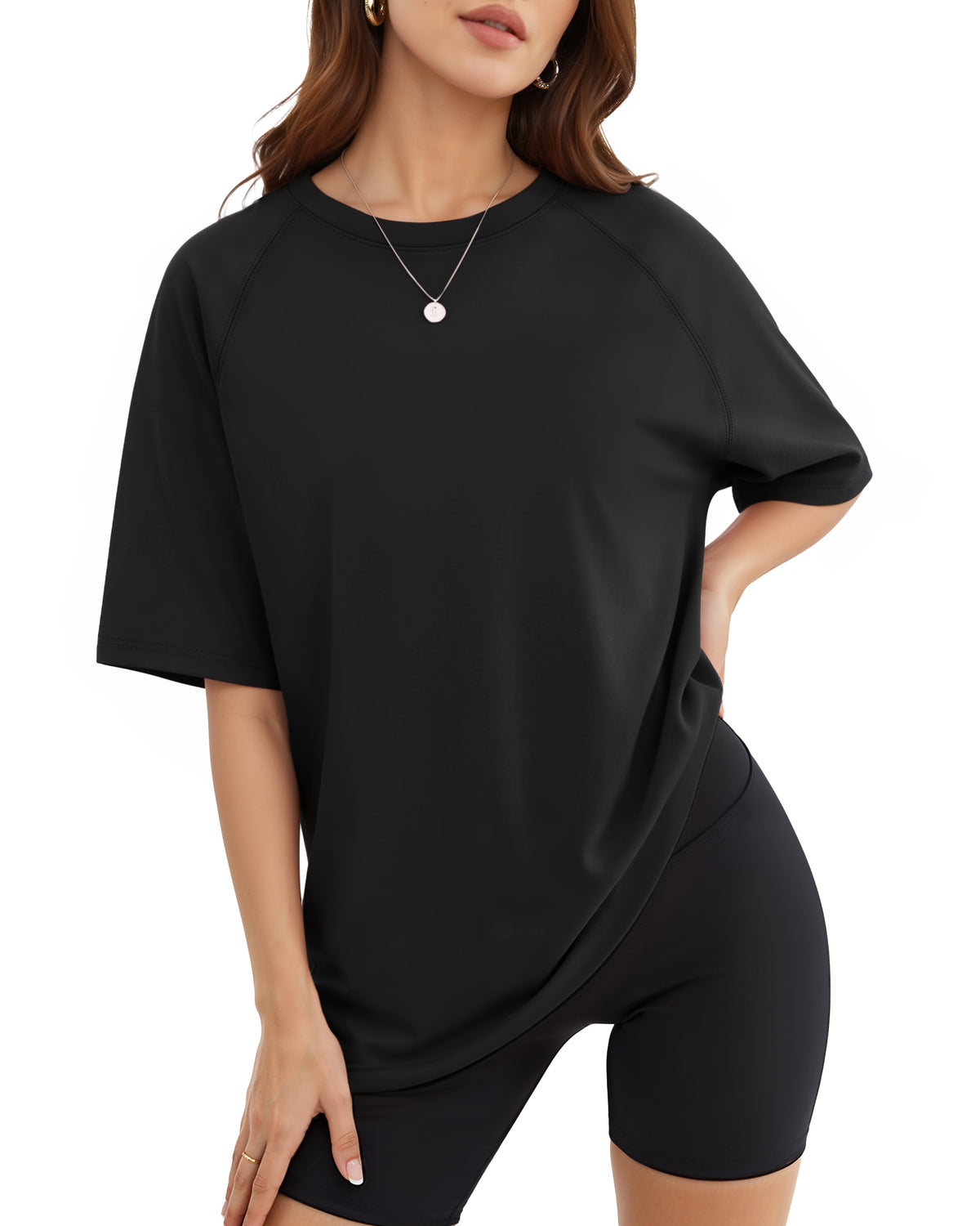 MANGOPOP Oversized Crew Neck 3/4-sleeve Top Black