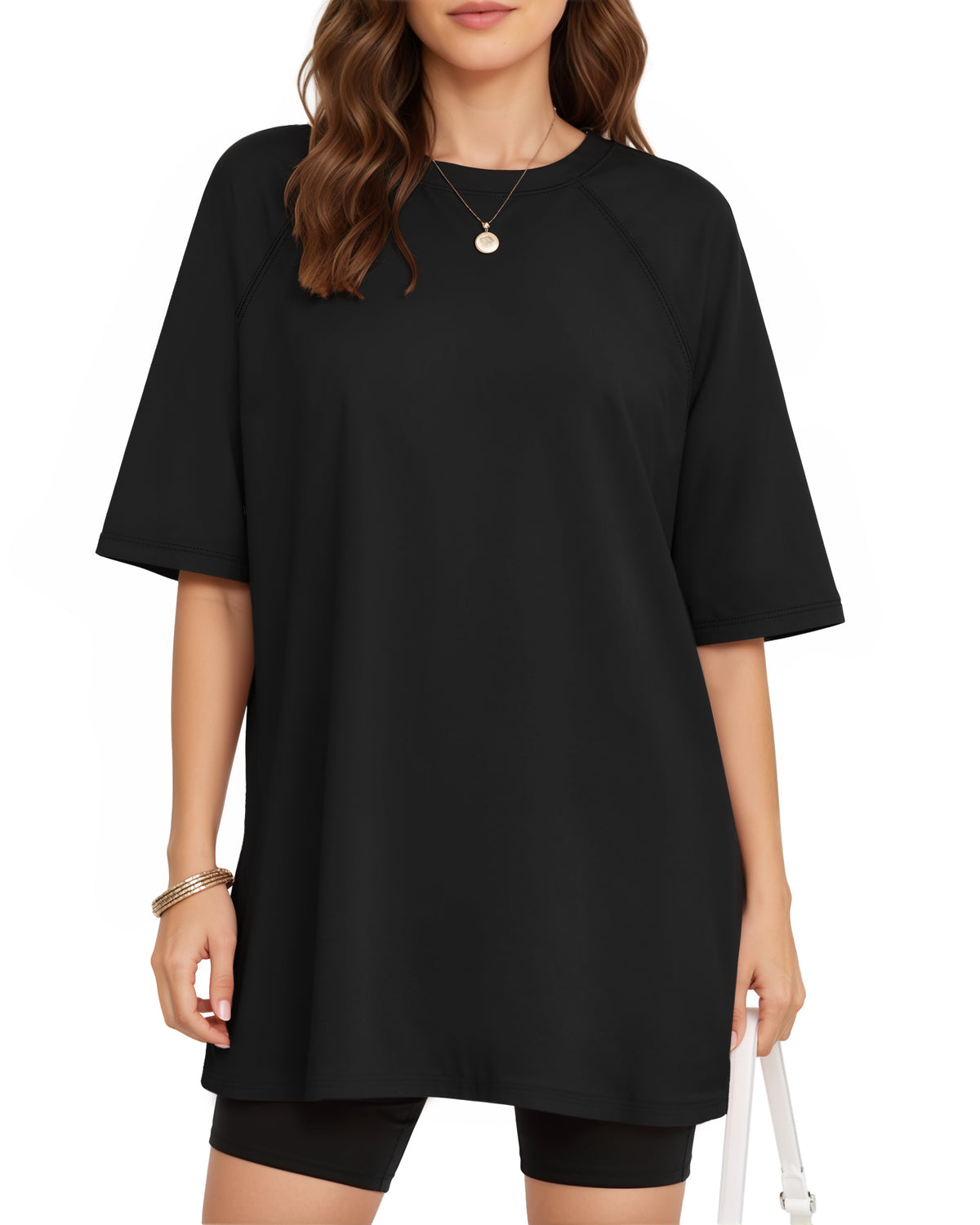 MANGOPOP Oversized Crew Neck 3/4-sleeve Top Black
