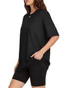 MANGOPOP Oversized Crew Neck 3/4-sleeve Top Black