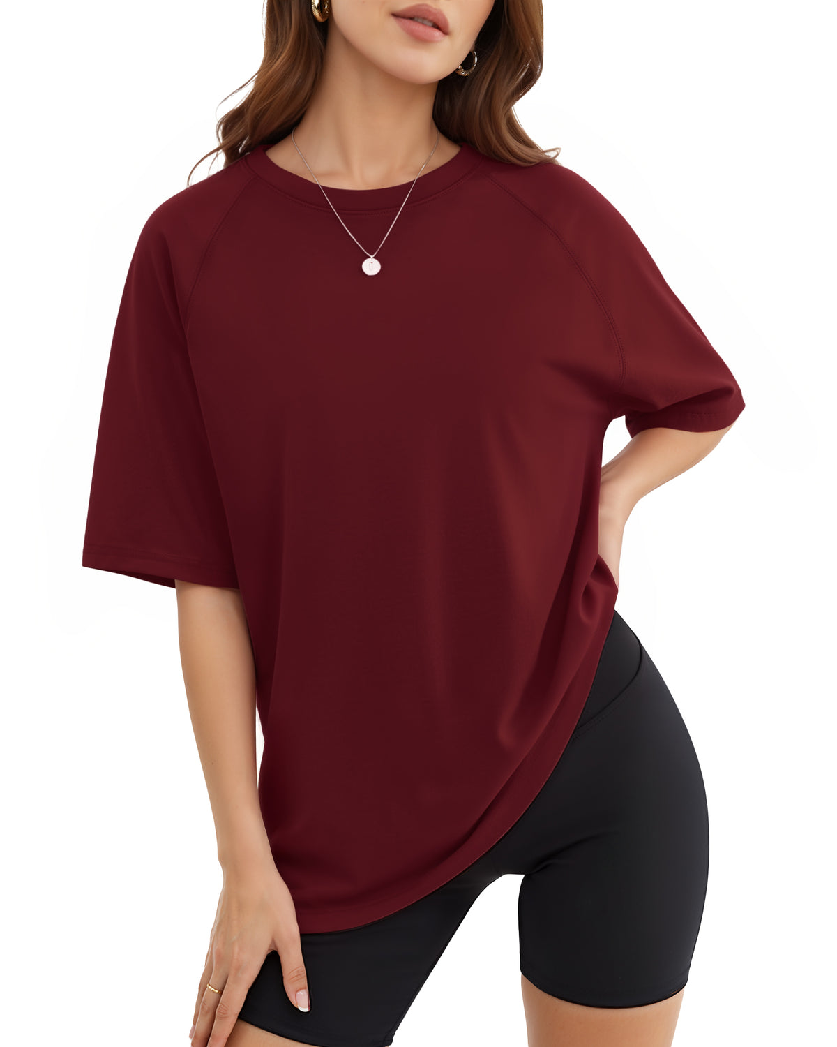 MANGOPOP Oversized Crew Neck 3/4-sleeve Top Burgundy