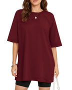 MANGOPOP Oversized Crew Neck 3/4-sleeve Top Burgundy