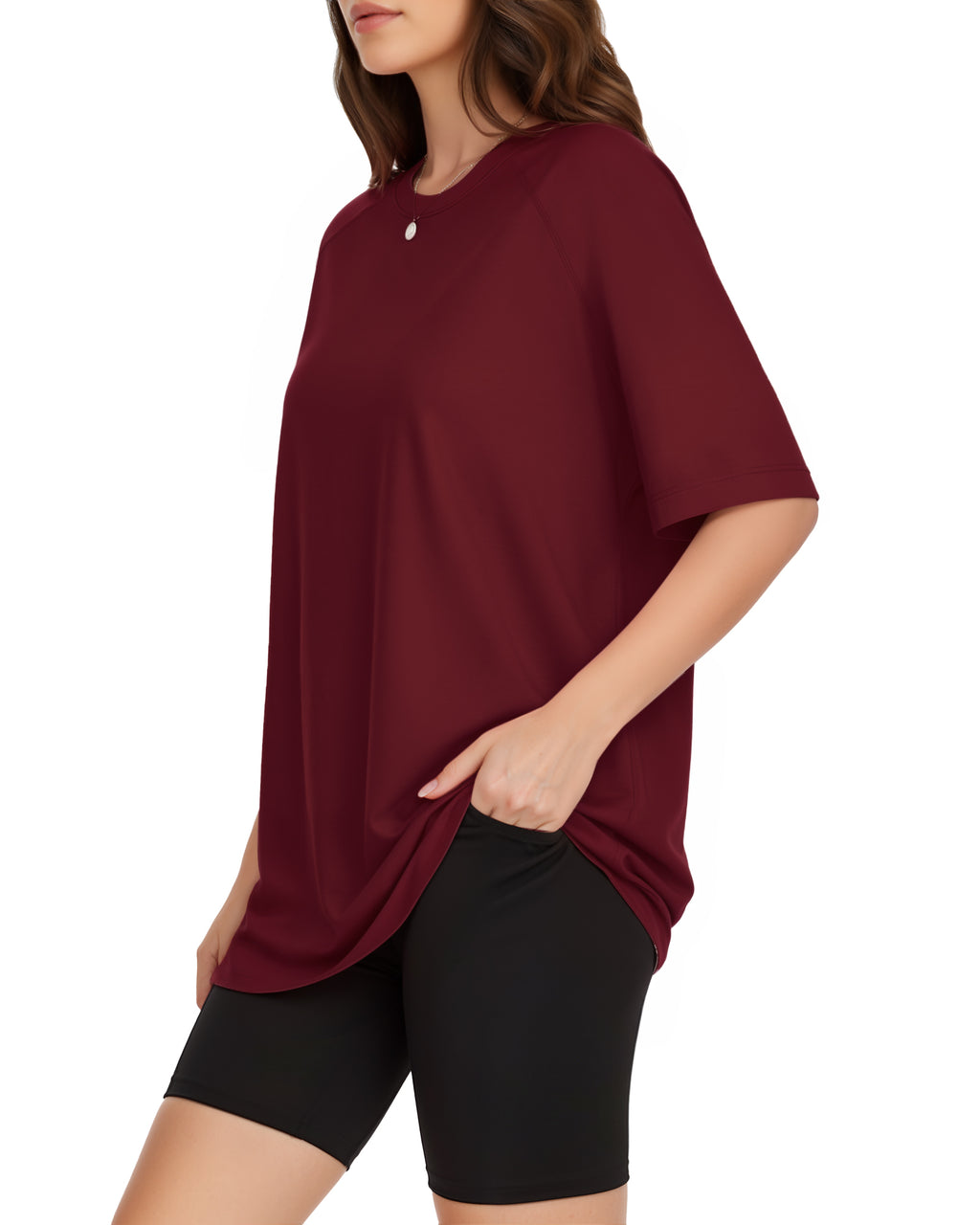 MANGOPOP Oversized Crew Neck 3/4-sleeve Top Burgundy