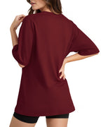 MANGOPOP Oversized Crew Neck 3/4-sleeve Top Burgundy