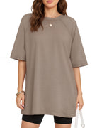 MANGOPOP Oversized Crew Neck 3/4-sleeve Top Chestnut Brown