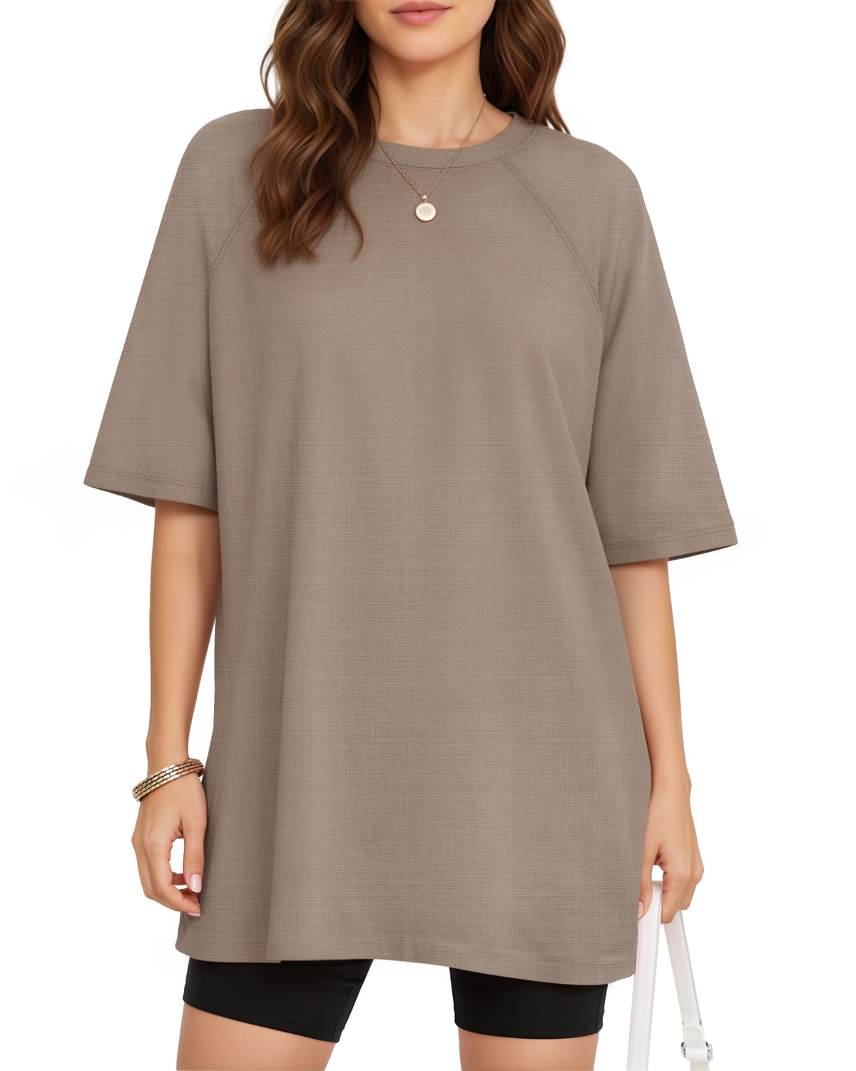 MANGOPOP Oversized Crew Neck 3/4-sleeve Top Chestnut Brown