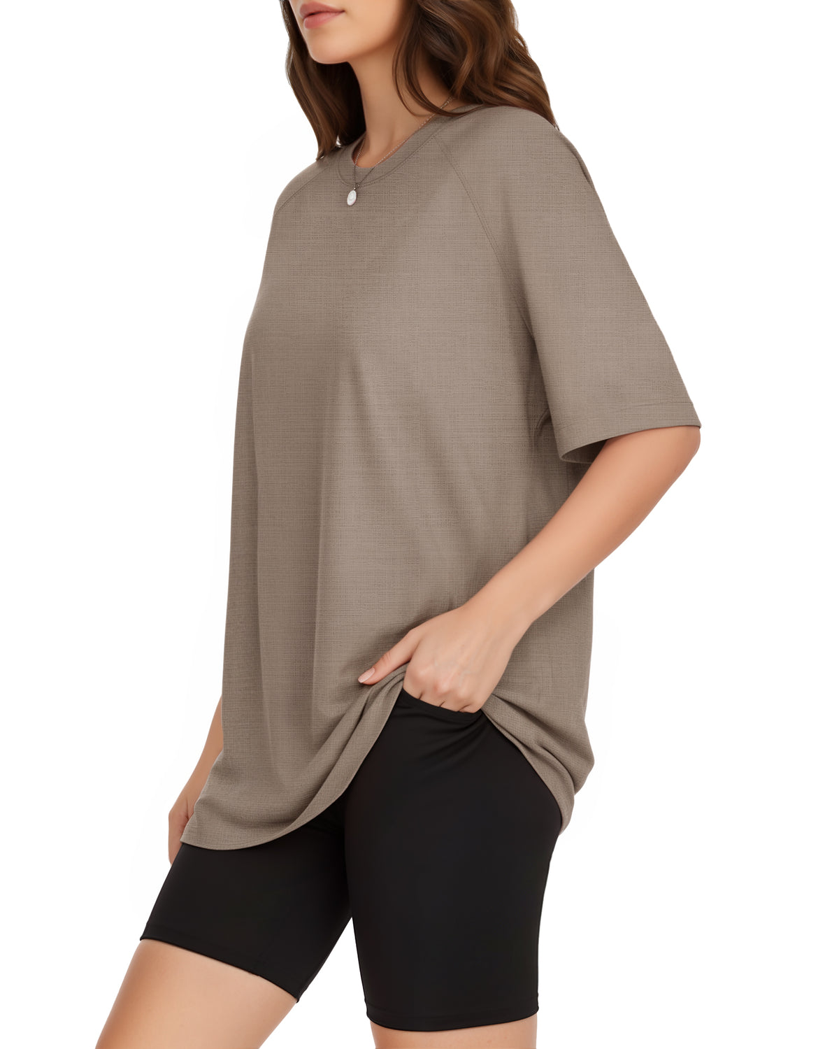MANGOPOP Oversized Crew Neck 3/4-sleeve Top Chestnut Brown