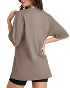 MANGOPOP Oversized Crew Neck 3/4-sleeve Top Chestnut Brown