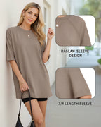 MANGOPOP Oversized Crew Neck 3/4-sleeve Top Chestnut Brown