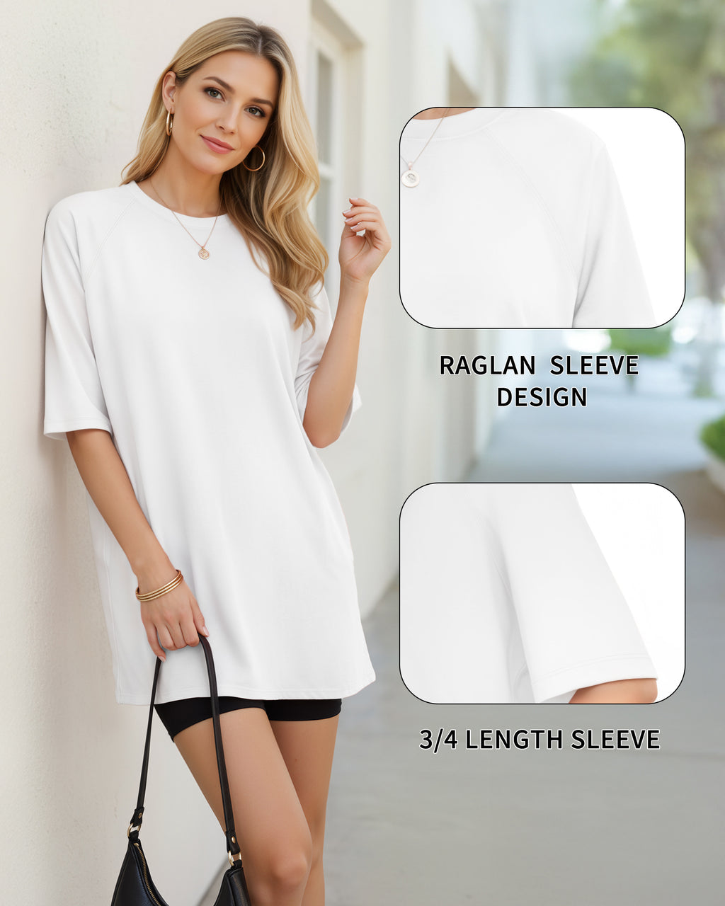 MANGOPOP Oversized Crew Neck 3/4-sleeve Top White