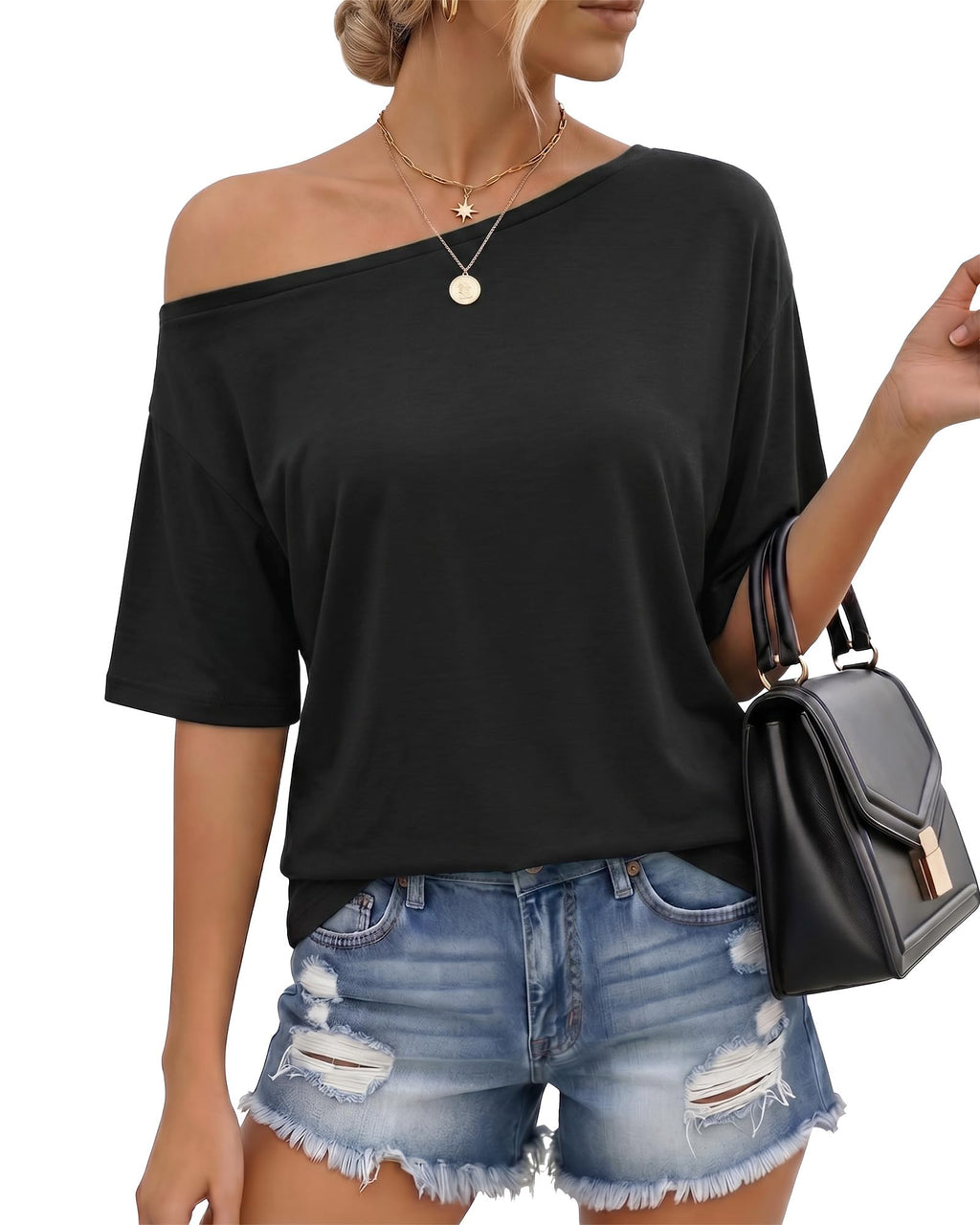 MANGOPOP Off-Shoulder Oversized 3/4-sleeve Loose Top Black