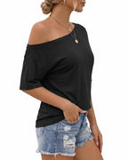 MANGOPOP Off-Shoulder Oversized 3/4-sleeve Loose Top Black