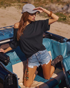 MANGOPOP Off-Shoulder Oversized 3/4-sleeve Loose Top Black