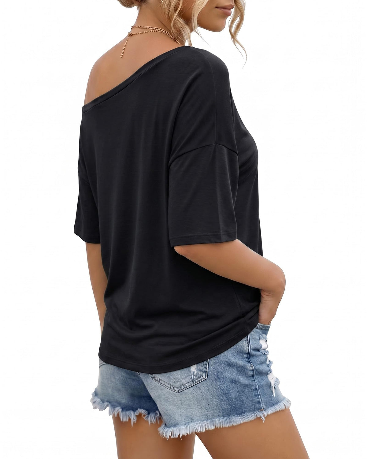 MANGOPOP Off-Shoulder Oversized 3/4-sleeve Loose Top Black