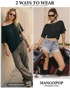 MANGOPOP Off-Shoulder Oversized 3/4-sleeve Loose Top Black
