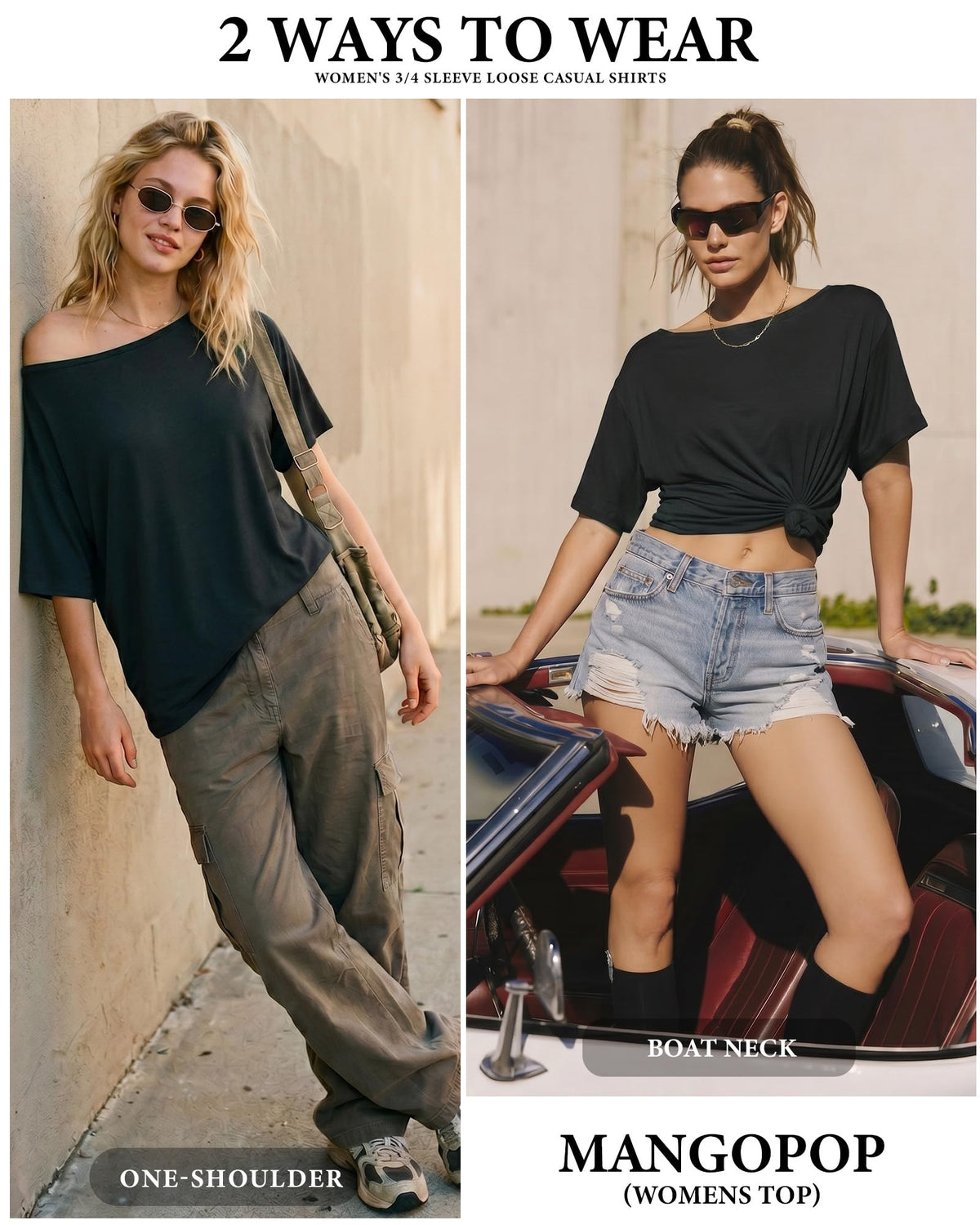 MANGOPOP Off-Shoulder Oversized 3/4-sleeve Loose Top Black