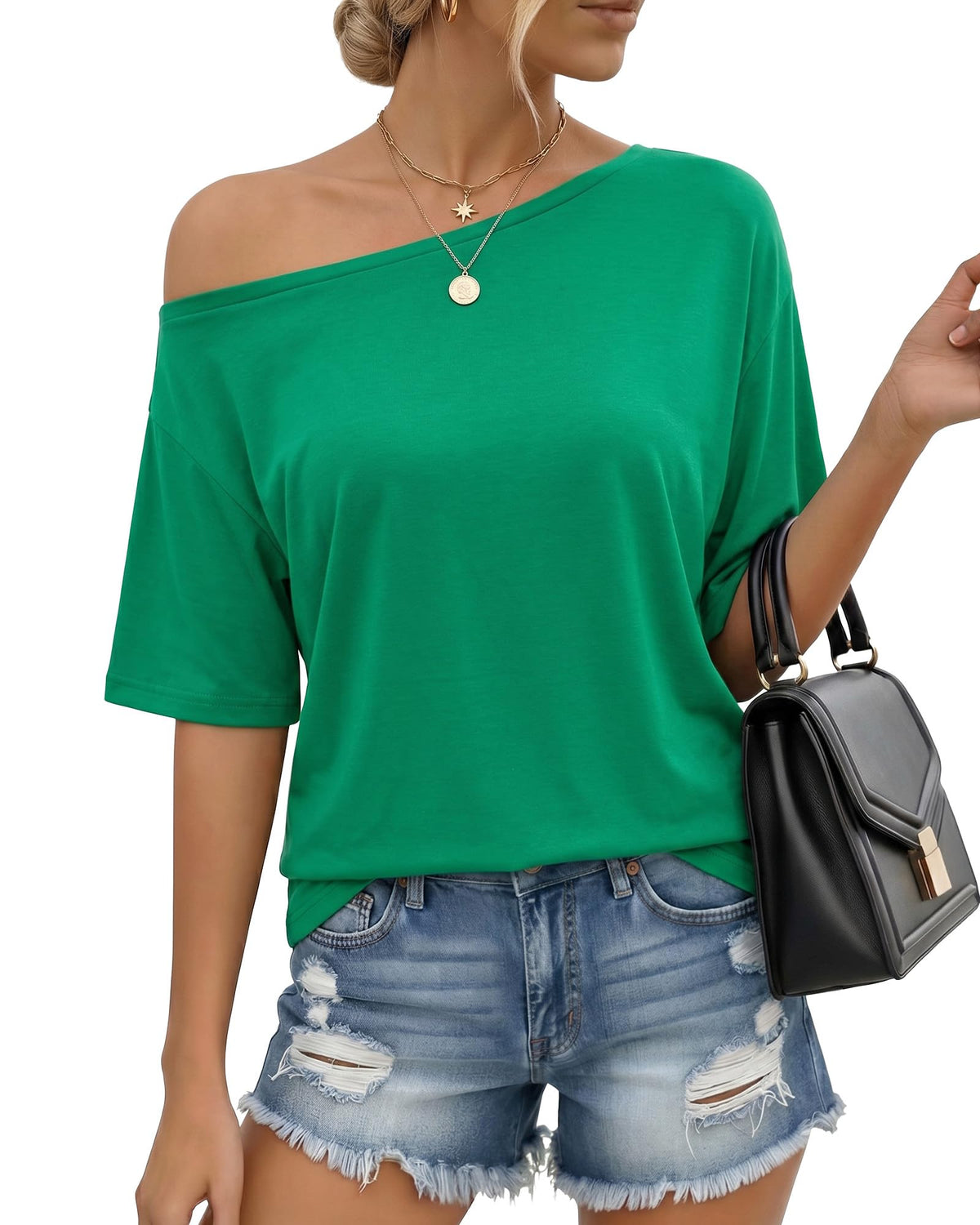 MANGOPOP Off-Shoulder Oversized 3/4-sleeve Loose Top Green