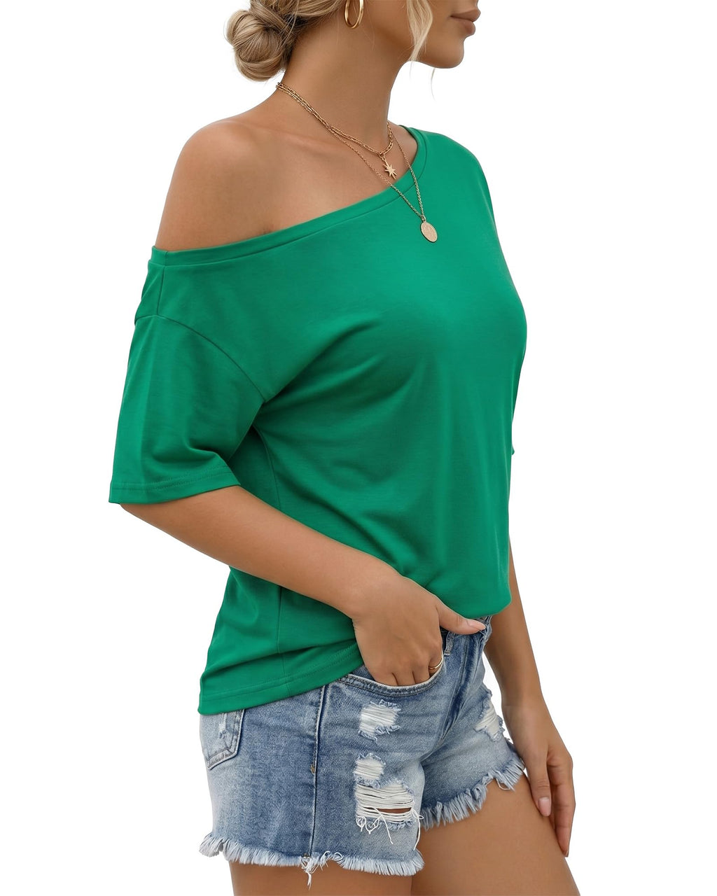 MANGOPOP Off-Shoulder Oversized 3/4-sleeve Loose Top Green