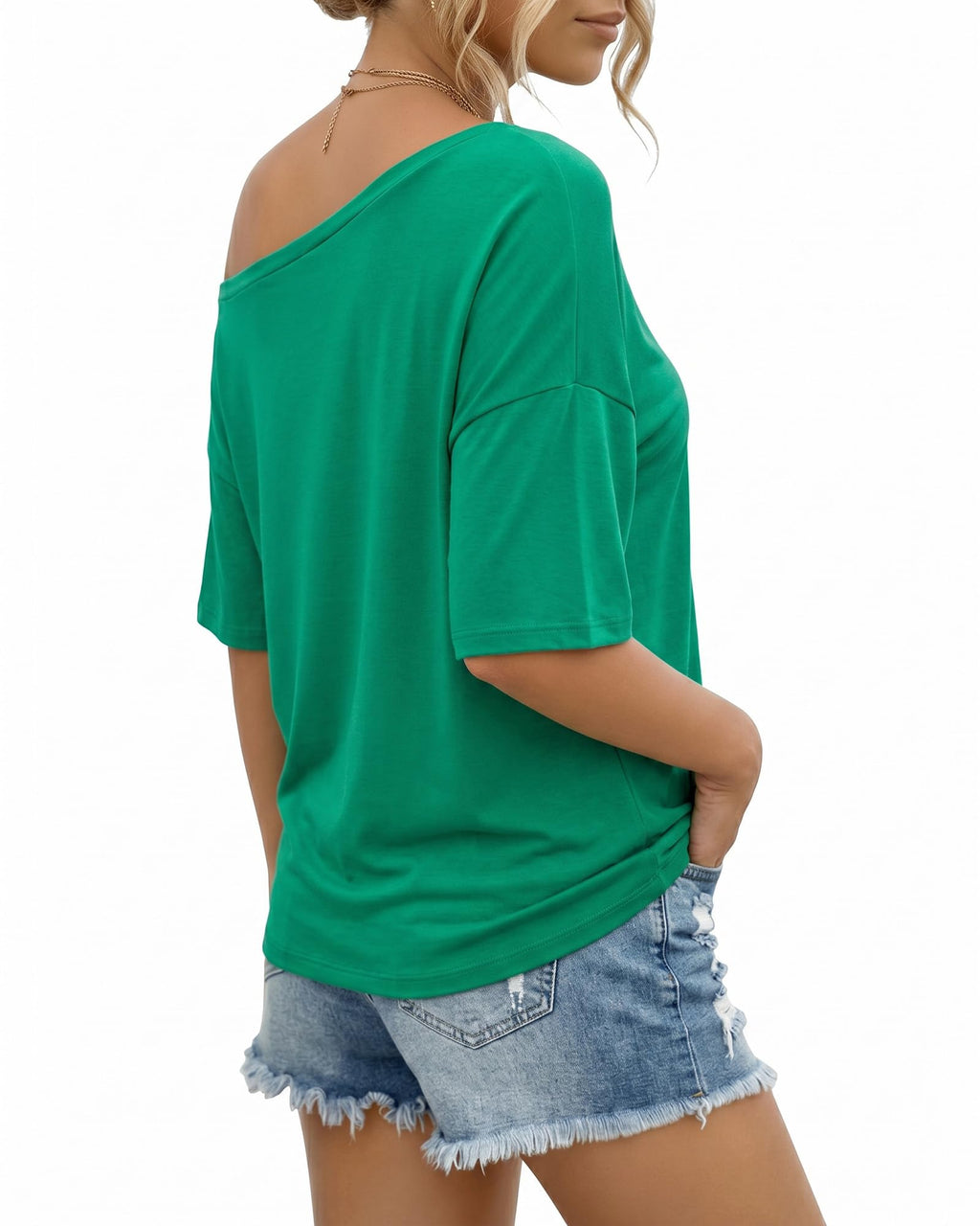 MANGOPOP Off-Shoulder Oversized 3/4-sleeve Loose Top Green