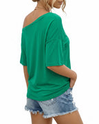 MANGOPOP Off-Shoulder Oversized 3/4-sleeve Loose Top Green