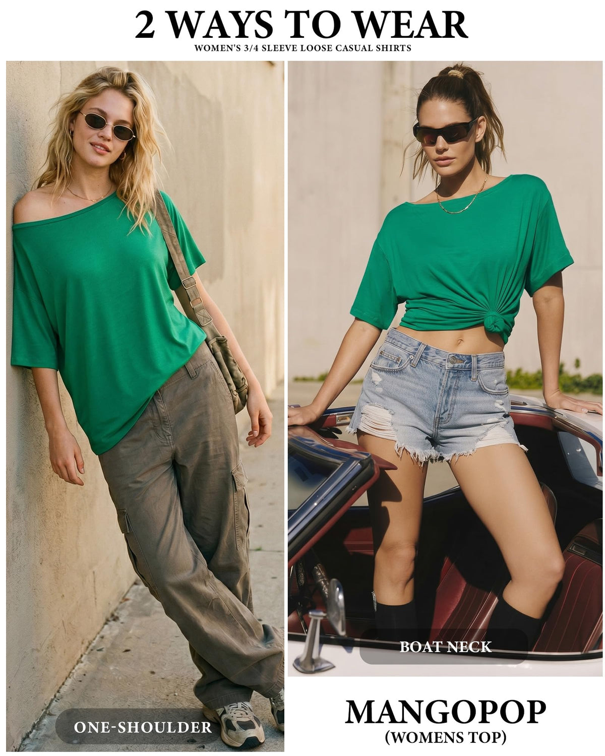 MANGOPOP Off-Shoulder Oversized 3/4-sleeve Loose Top Green