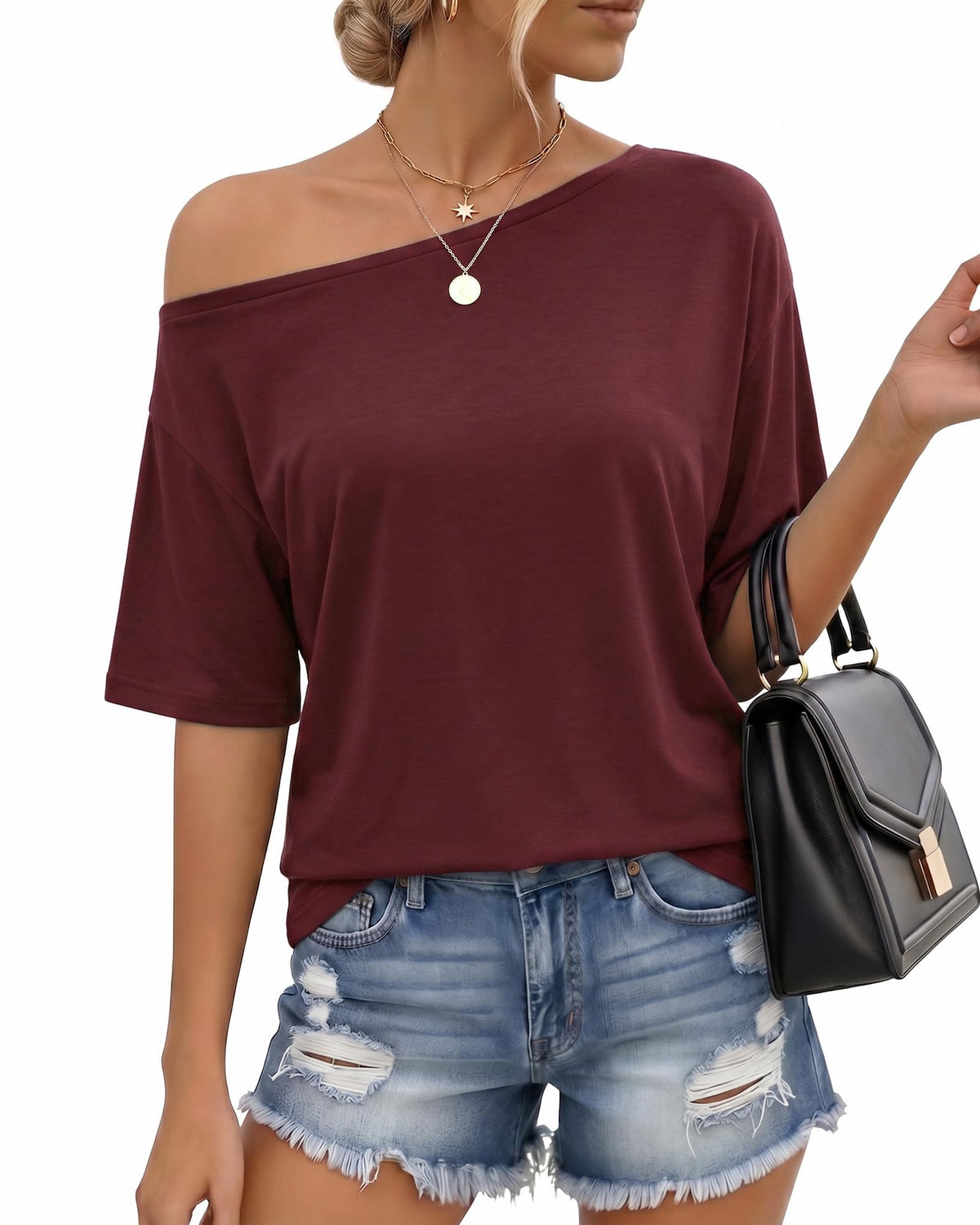 MANGOPOP Off-Shoulder Oversized 3/4-sleeve Loose Top Dark Red