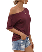MANGOPOP Off-Shoulder Oversized 3/4-sleeve Loose Top Dark Red