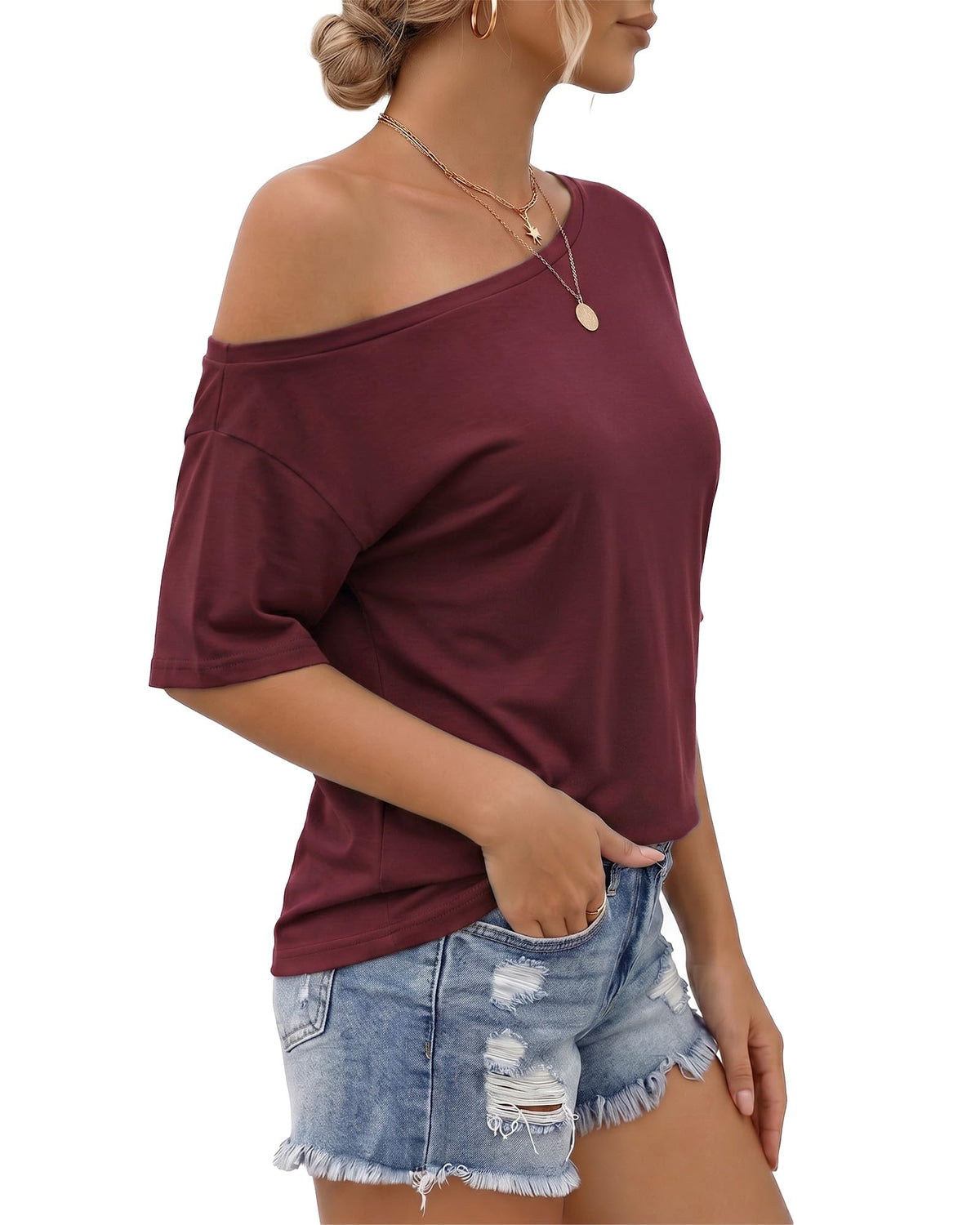 MANGOPOP Off-Shoulder Oversized 3/4-sleeve Loose Top Dark Red