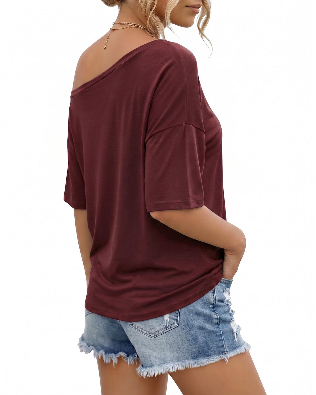 MANGOPOP Off-Shoulder Oversized 3/4-sleeve Loose Top Dark Red