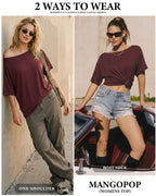 MANGOPOP Off-Shoulder Oversized 3/4-sleeve Loose Top Dark Red