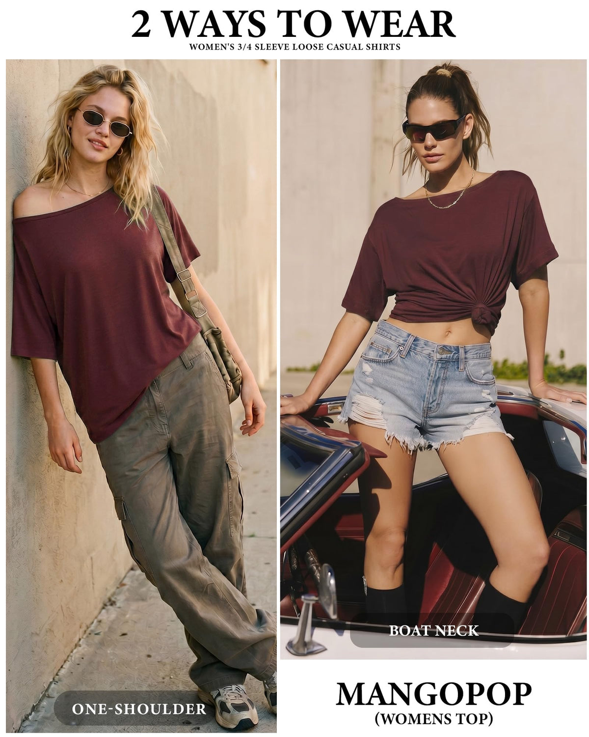 MANGOPOP Off-Shoulder Oversized 3/4-sleeve Loose Top Dark Red