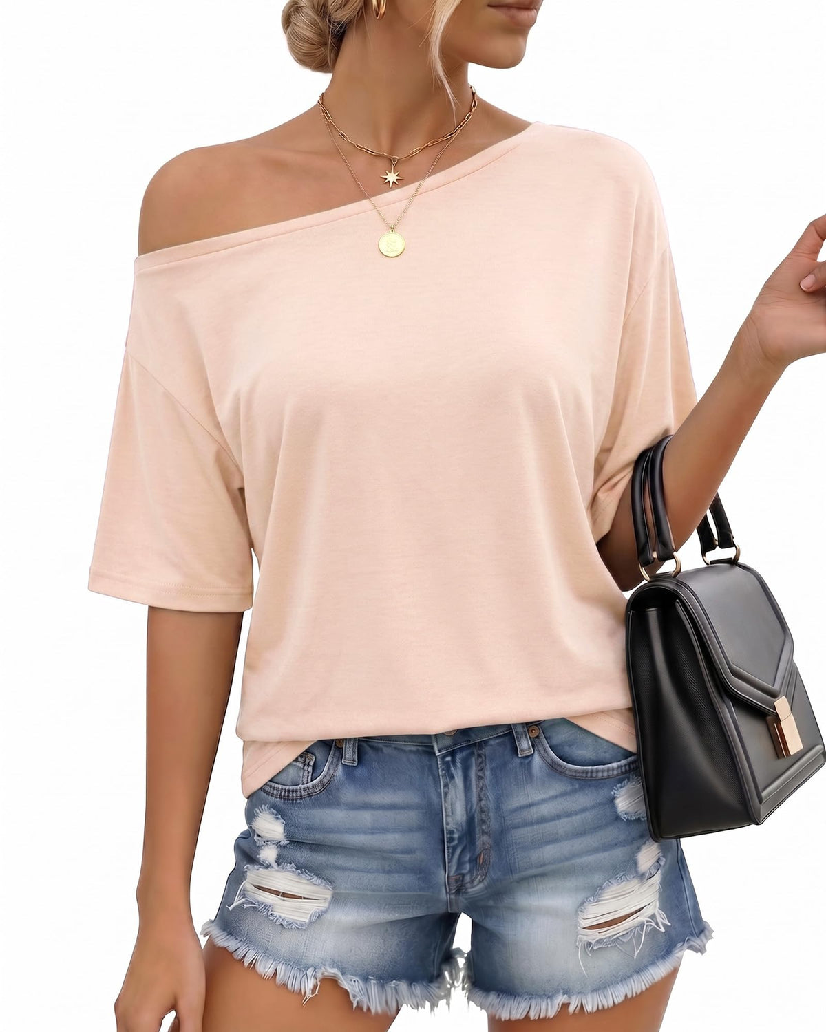 MANGOPOP Off-Shoulder Oversized 3/4-sleeve Loose Top Pink