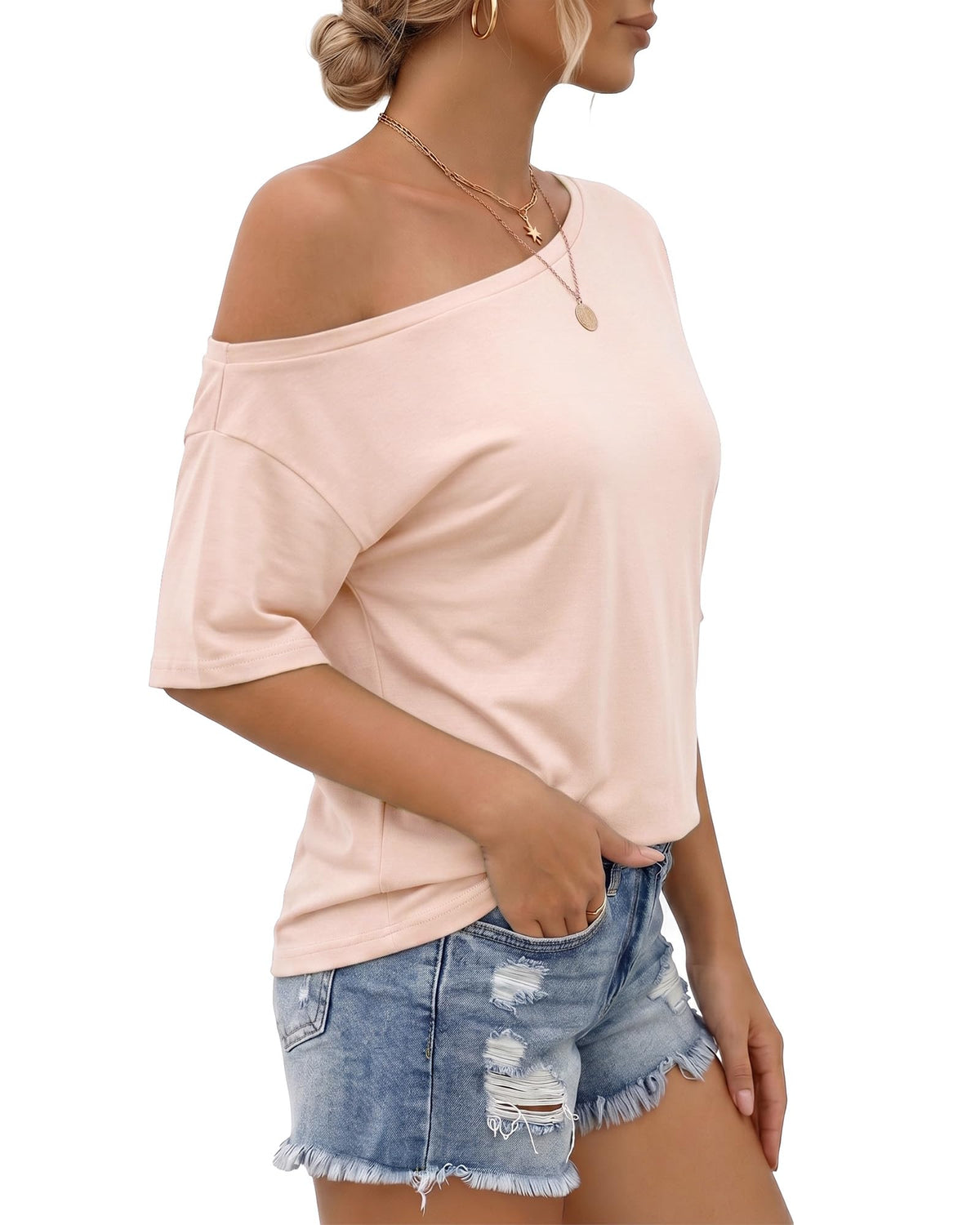 MANGOPOP Off-Shoulder Oversized 3/4-sleeve Loose Top Pink