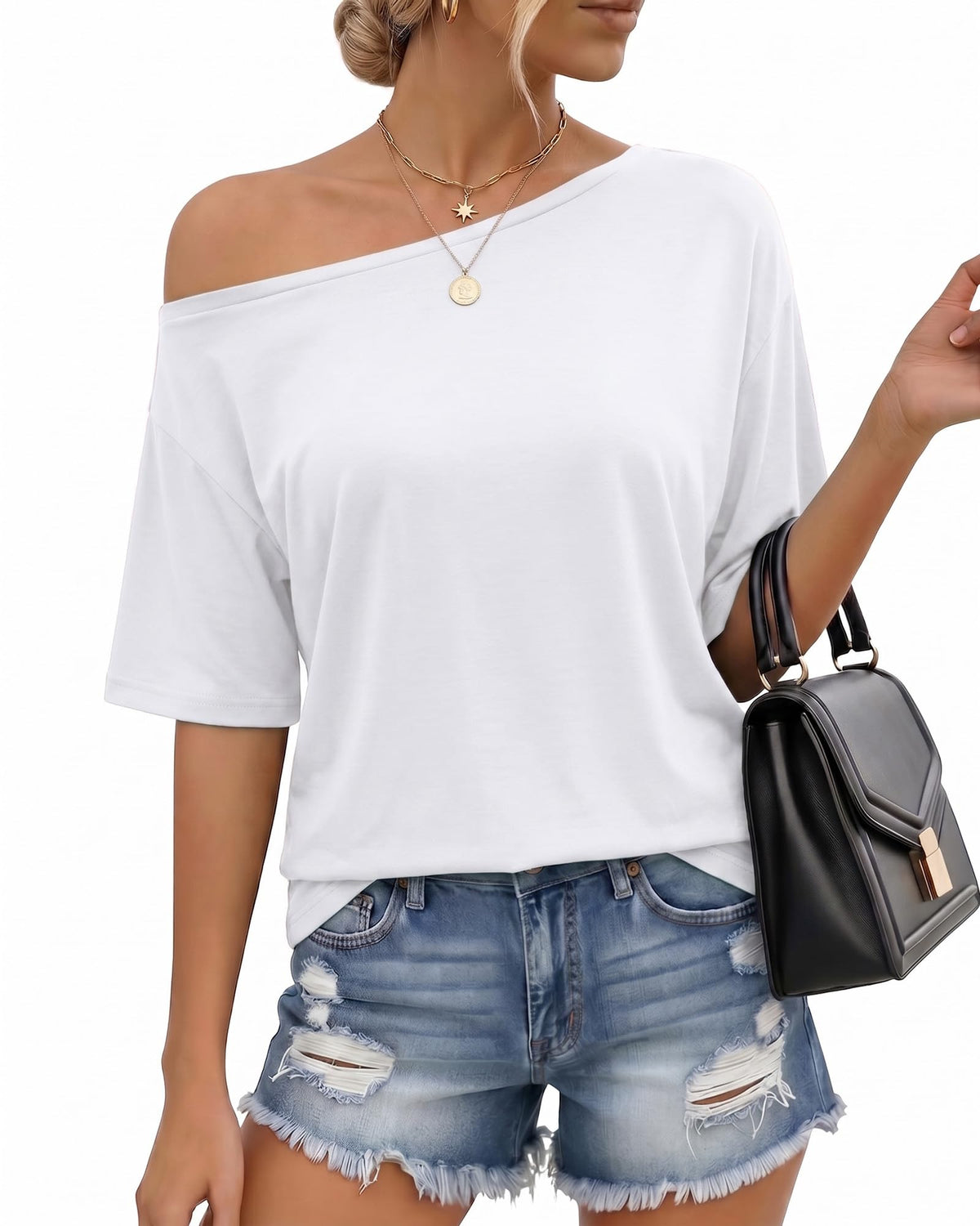 MANGOPOP Off-Shoulder Oversized 3/4-sleeve Loose Top White
