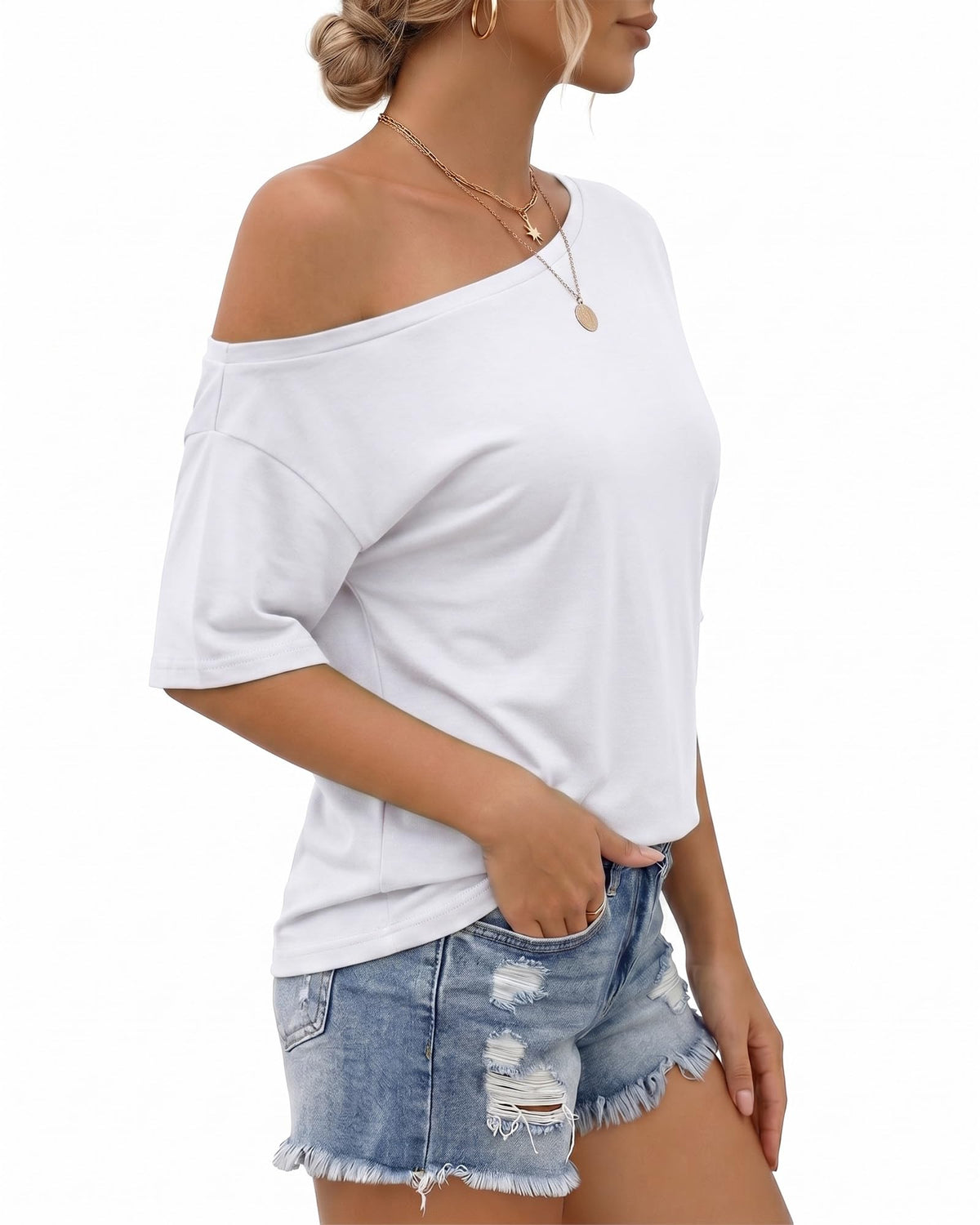 MANGOPOP Off-Shoulder Oversized 3/4-sleeve Loose Top White